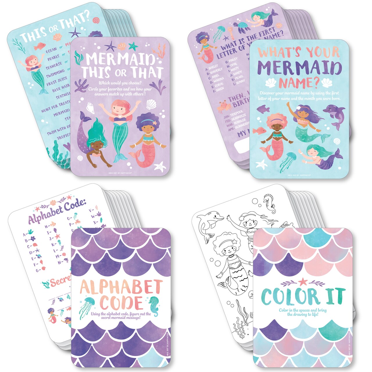 Big Dot of Happiness Mermaid Party Games Bundle Pack, Birthday Party Activities & Games for Girls, Mermaid Coloring Activity, 4 Games for 10 Guests